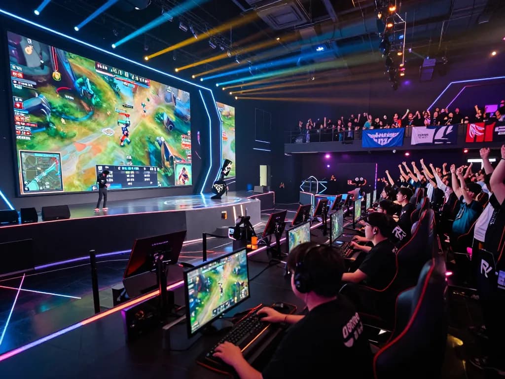 A thrilling esports competition scene featuring kjc.onl with gamers on stage, bright lights, and cheering audience.