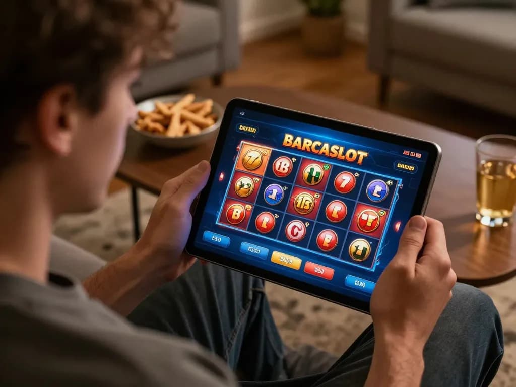 Pemain yang terlibat dengan permainan Barcaslot di tablet dalam setting rumah yang nyaman, menyoroti perjudian online yang strategis.