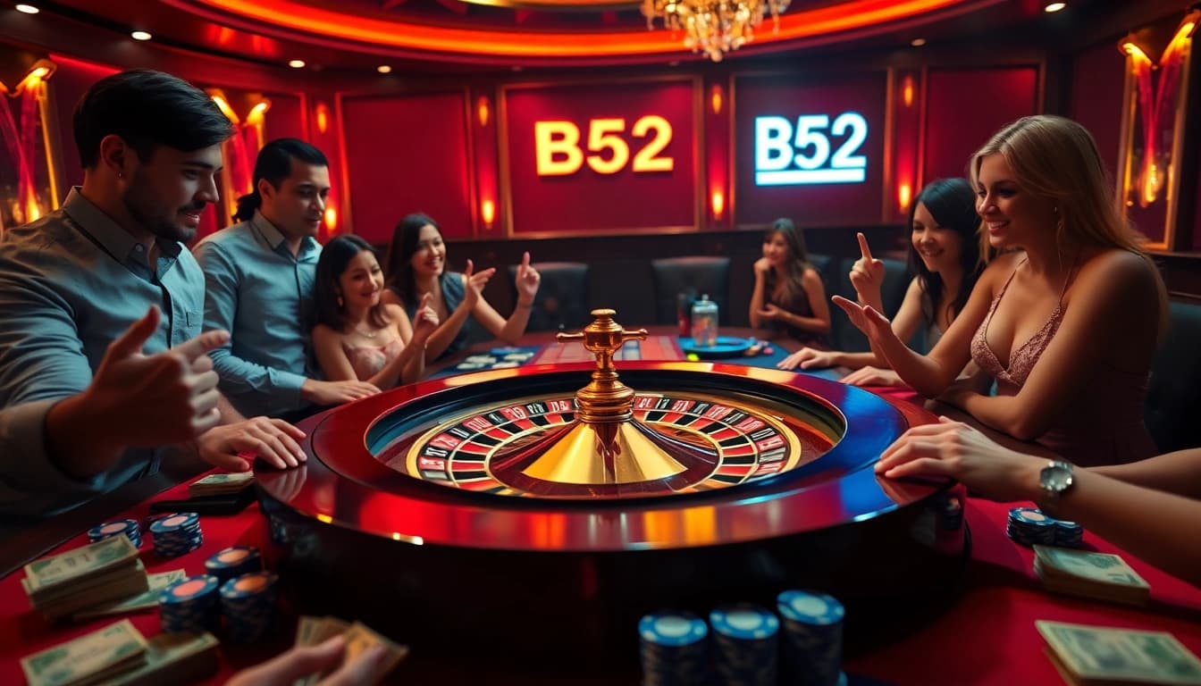 B52 casino players excitedly placing bets at a roulette table, showcasing vibrant colors and luxury.