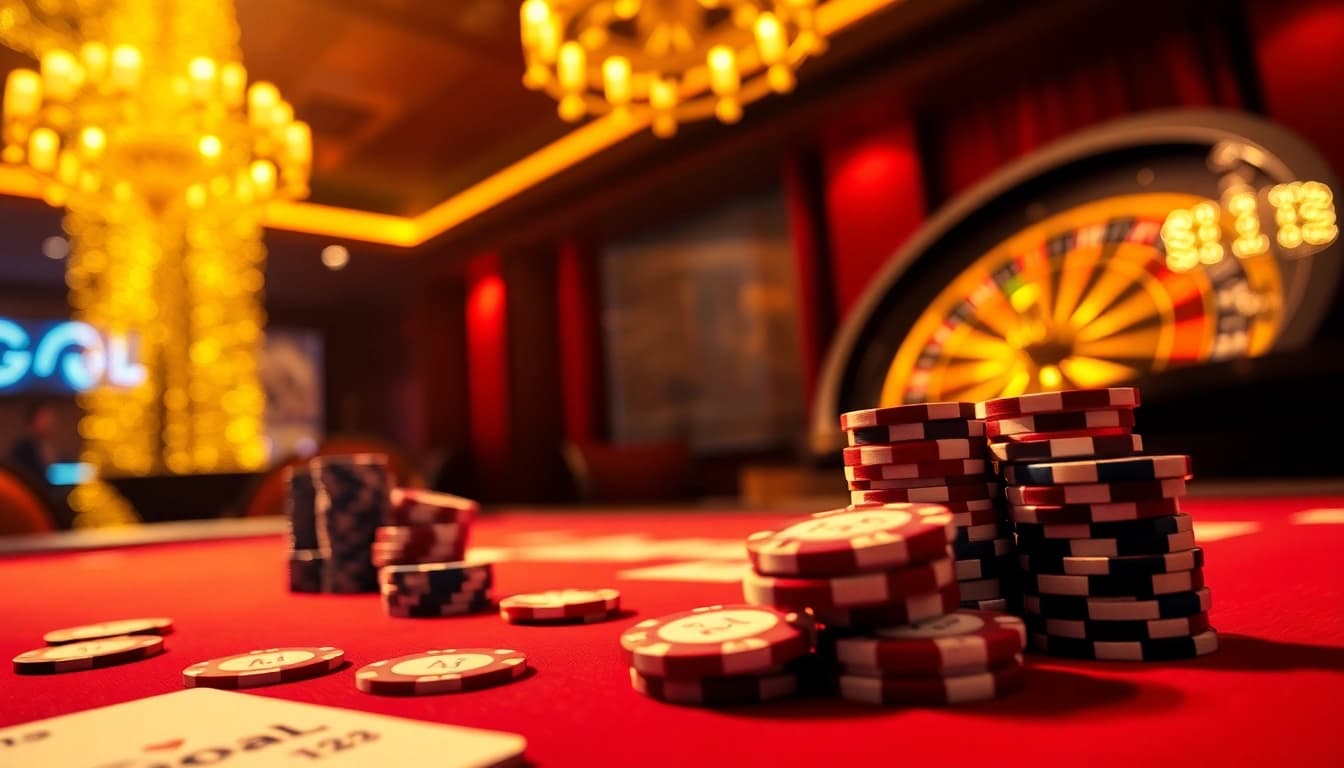 Feel the thrill of gambling at Goal123 with an action-packed poker table featuring colorful chips and cards.