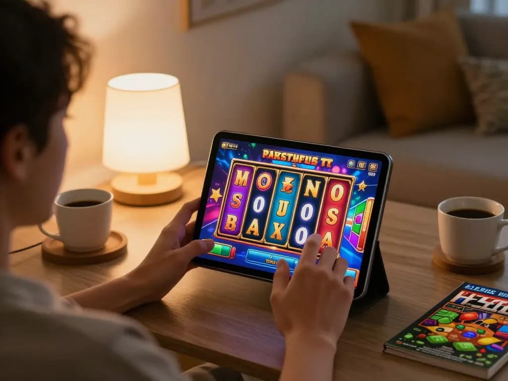 cm88 player experiencing thrilling slot games on tablet from home while enjoying comfortable surroundings.