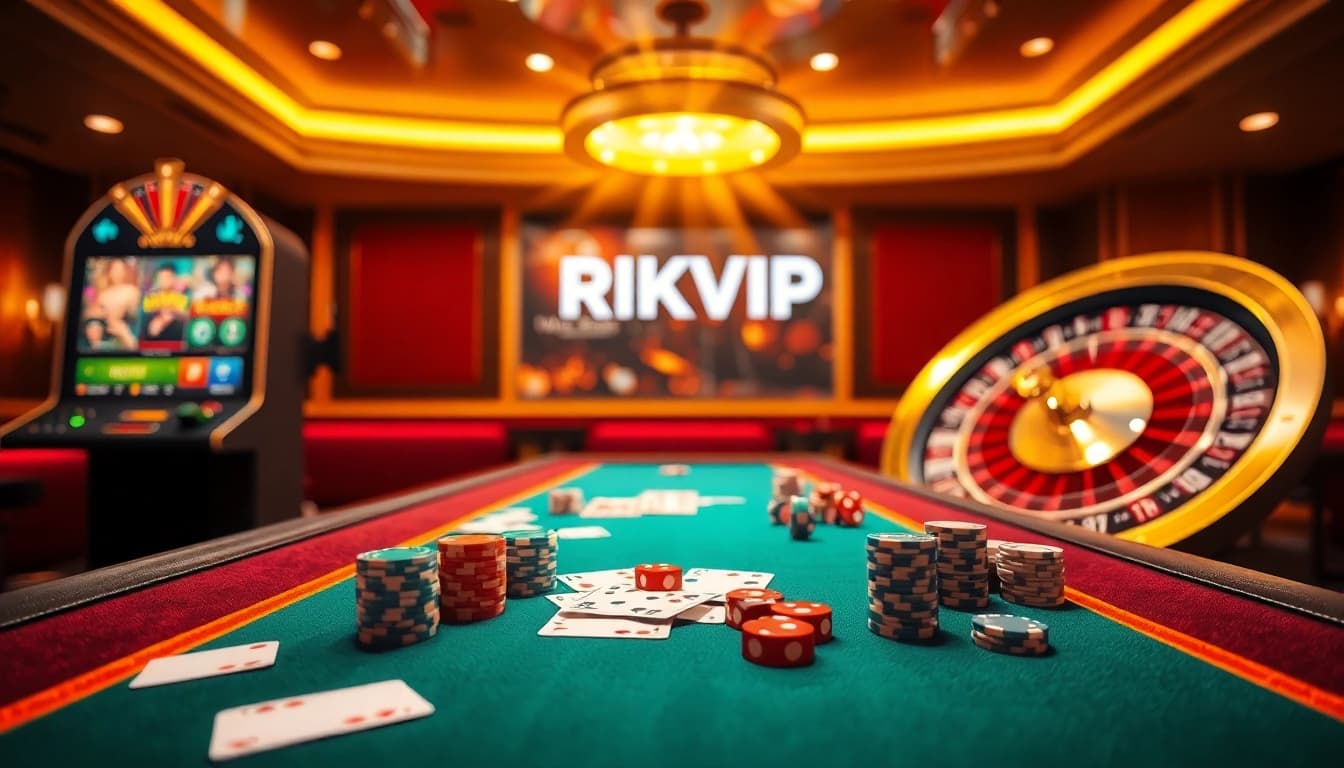 Experience thrilling games at Rikvip with glamorous casino visuals, featuring tables and slot machines.