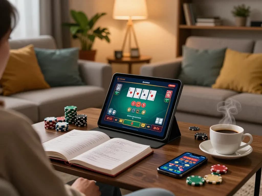 Engaging gameplay on SG777 as a person uses a tablet in a stylish home setting, showcasing poker strategy.