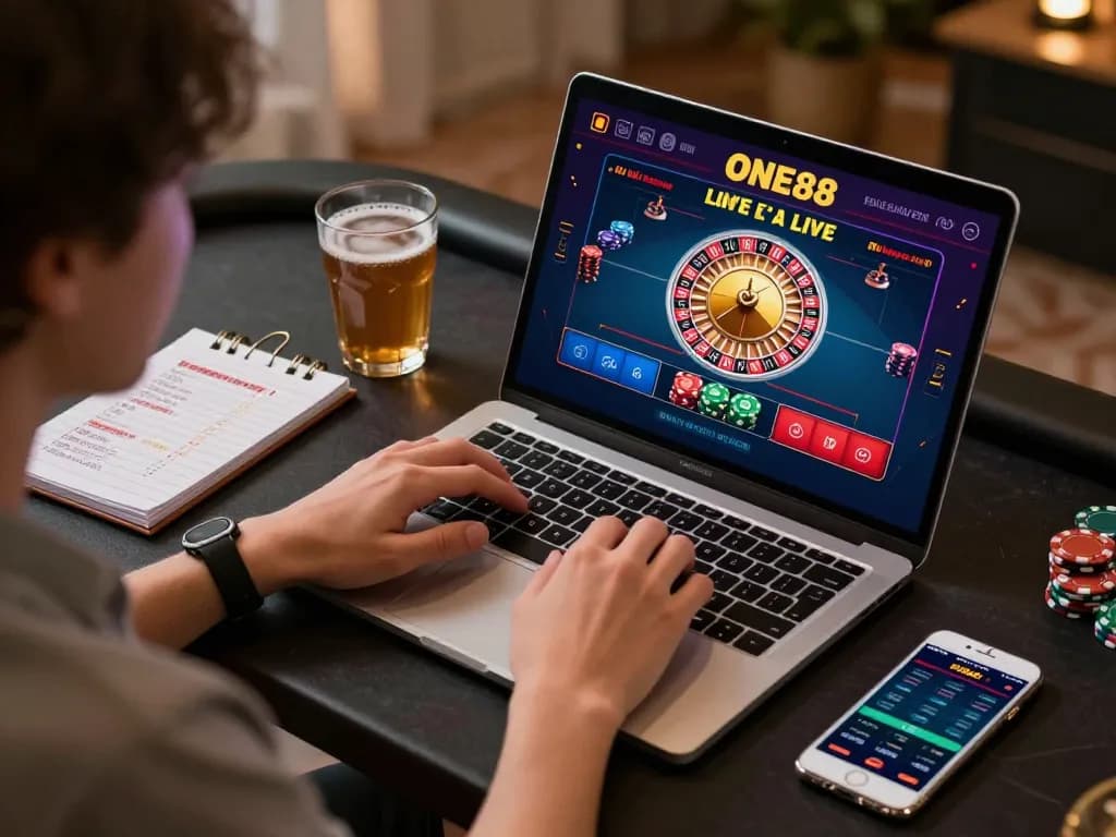 Engaged user playing live casino games on ONE88, showcasing a stylish online gambling setup.