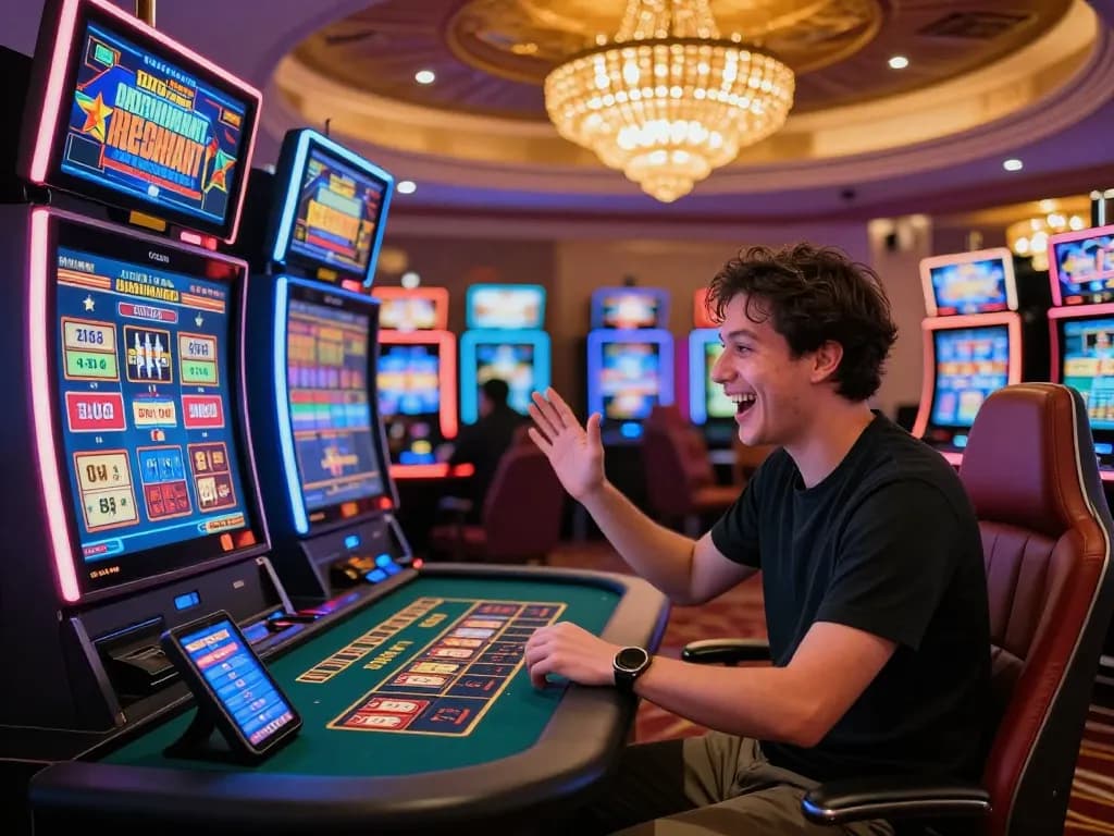 Kuwin online casino scene with player engaged and colorful slot machines in background.