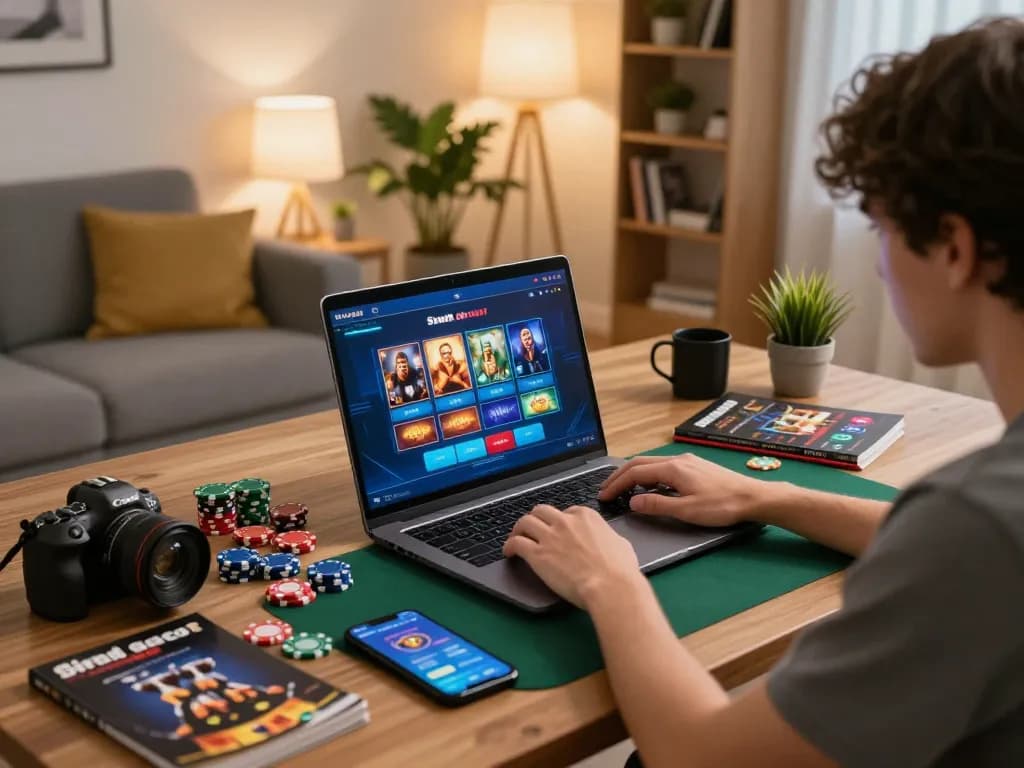 situs slot gacor gameplay in a cozy online gaming setup, showcasing strategic engagement and modern decor