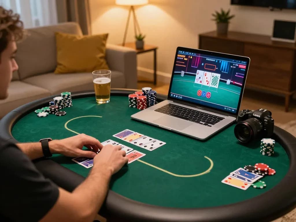 KJC player placing a strategic bet at online poker with vibrant setup in cozy home atmosphere.