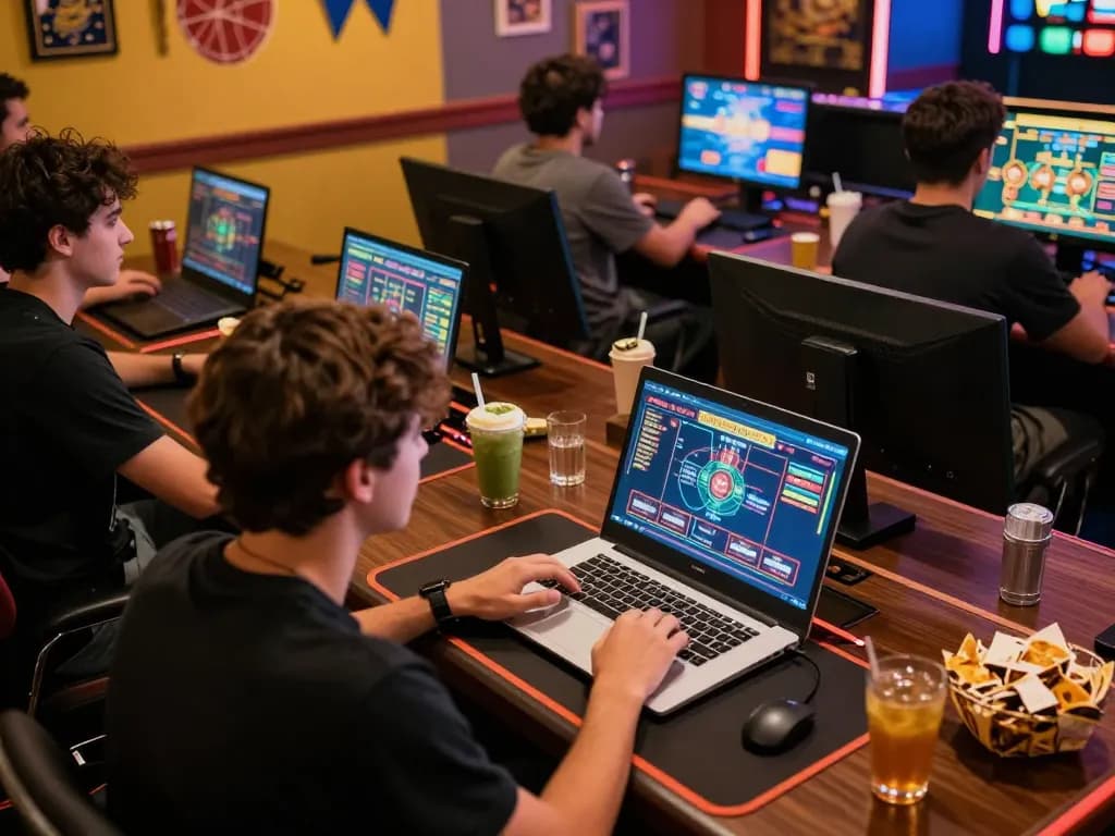 Players enjoying their gaming session on trang chu 98win with a laptop displaying exciting casino games and vibrant atmosphere.