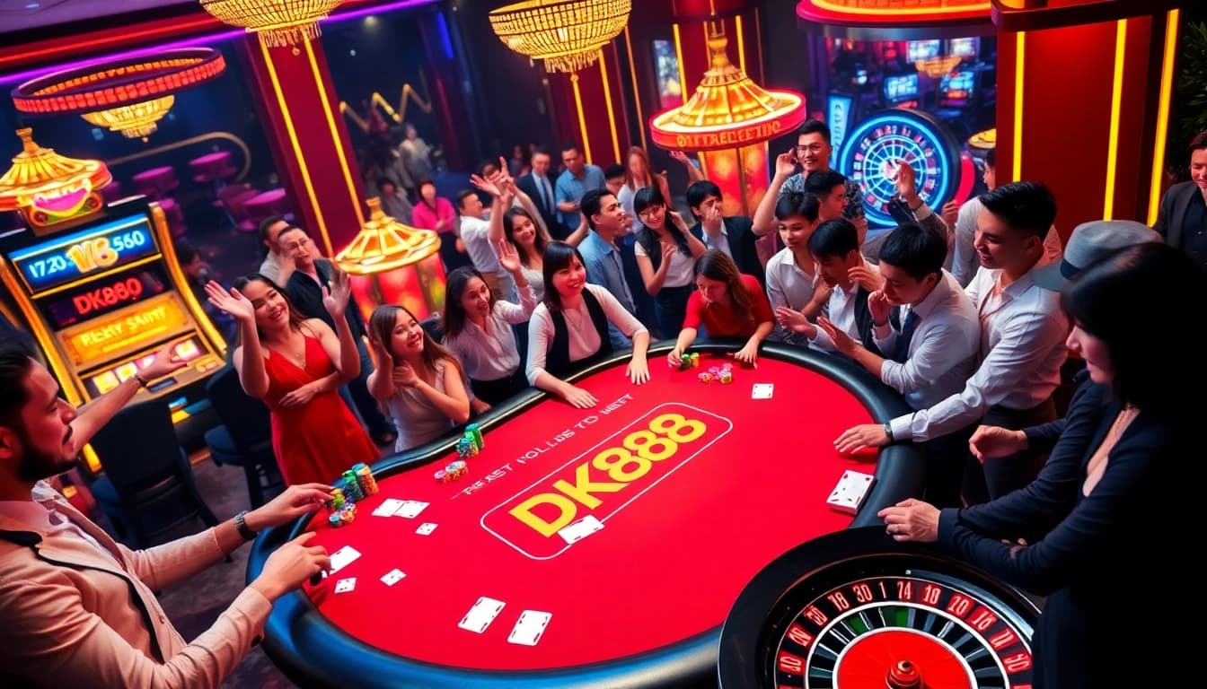 Players engaging in a thrilling TK88 poker game at a luxurious casino table.