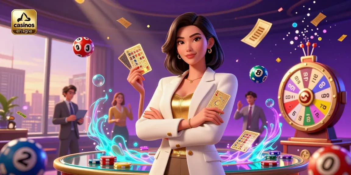 Engage with casinos en ligne through a dynamic 3D visual of a powerful businesswoman holding golden cards amidst colorful gaming elements.