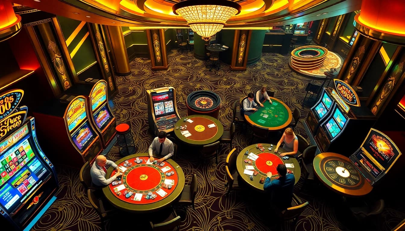 Experience the excitement at https://hbbet5.art/ with vibrant casino tables and slot machines in a luxurious setting.