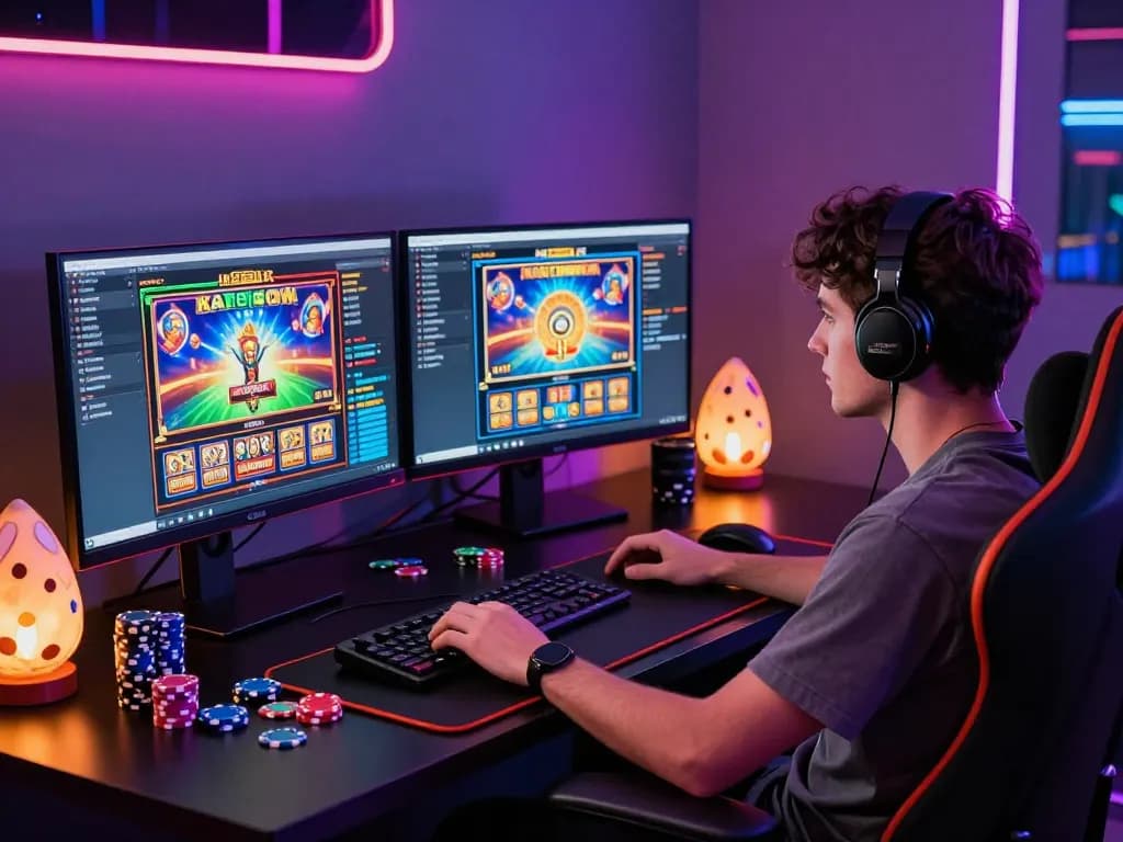 Slot gacor hari ini gaming scene with vibrant monitors and accessories, depicting an exciting online experience.