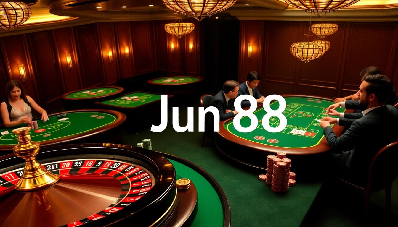 Experience the thrill of gambling at Jun88, featuring vibrant casino tables and intense players in action.