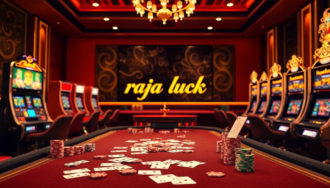 A vibrant casino scene illustrating 'raja luck' on gaming interfaces with colorful chips and playing cards, evoking excitement.