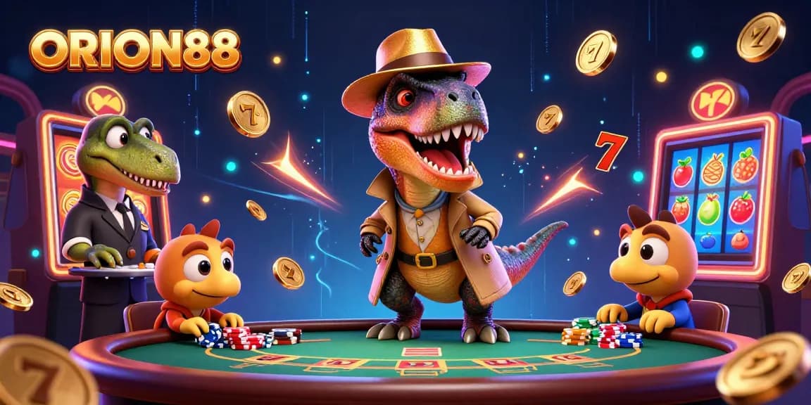 Experience thrilling gameplay with ORION88 as a velociraptor counter navigates a slot machine paradise.