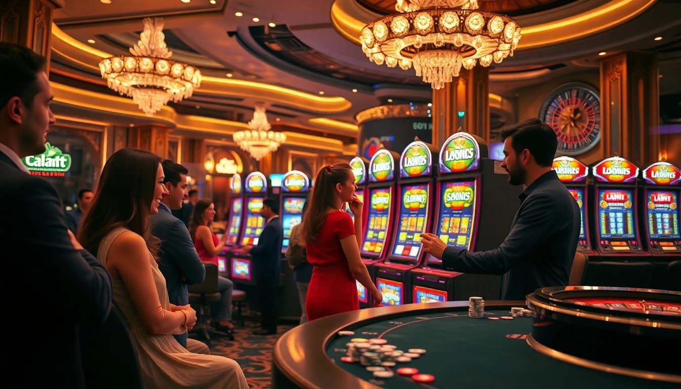 Players enjoying exhilarating slot games in a vibrant casino atmosphere with dazzling lights.