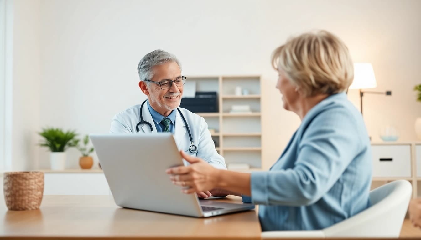 Conducting an online doctor visit pay per visit with a caring doctor in a bright home office setting.