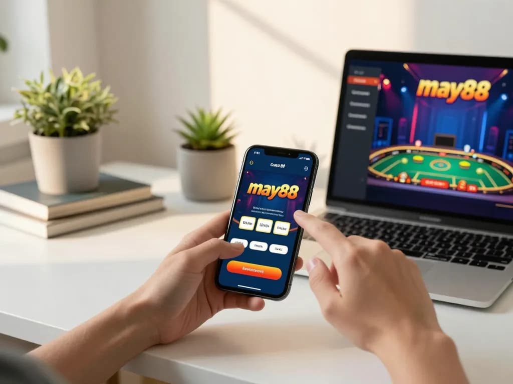 Hands engaging with the may88 app on a smartphone, showcasing live dealer gaming and responsible gambling.