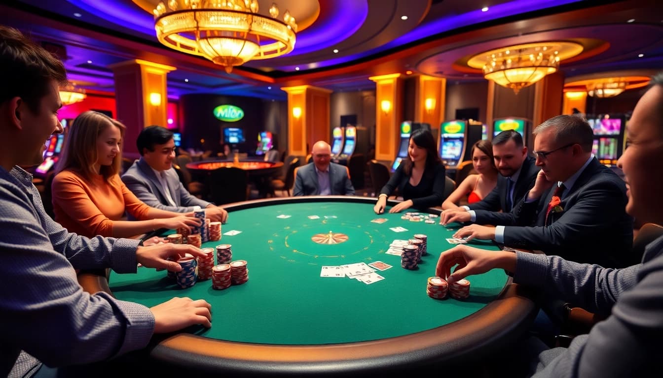 mi88 players enjoying an exciting poker game at an upscale casino table surrounded by bright chips.