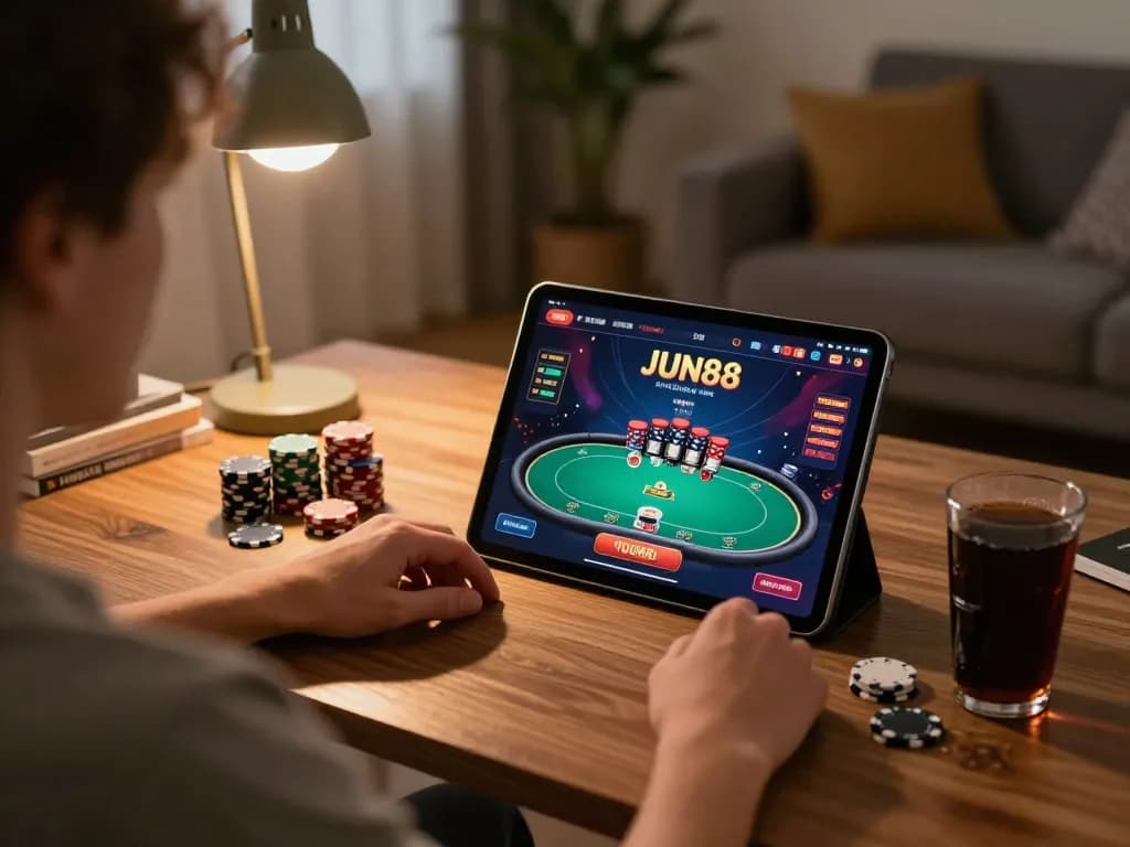 Engaging gameplay at JUN88 online casino on a tablet showcasing poker strategies in a comfortable setting.