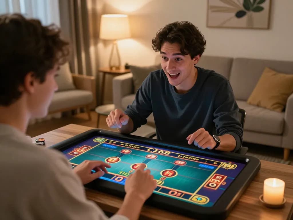C168 online gaming scene with a player enjoying tablet gameplay in a cozy home setting.