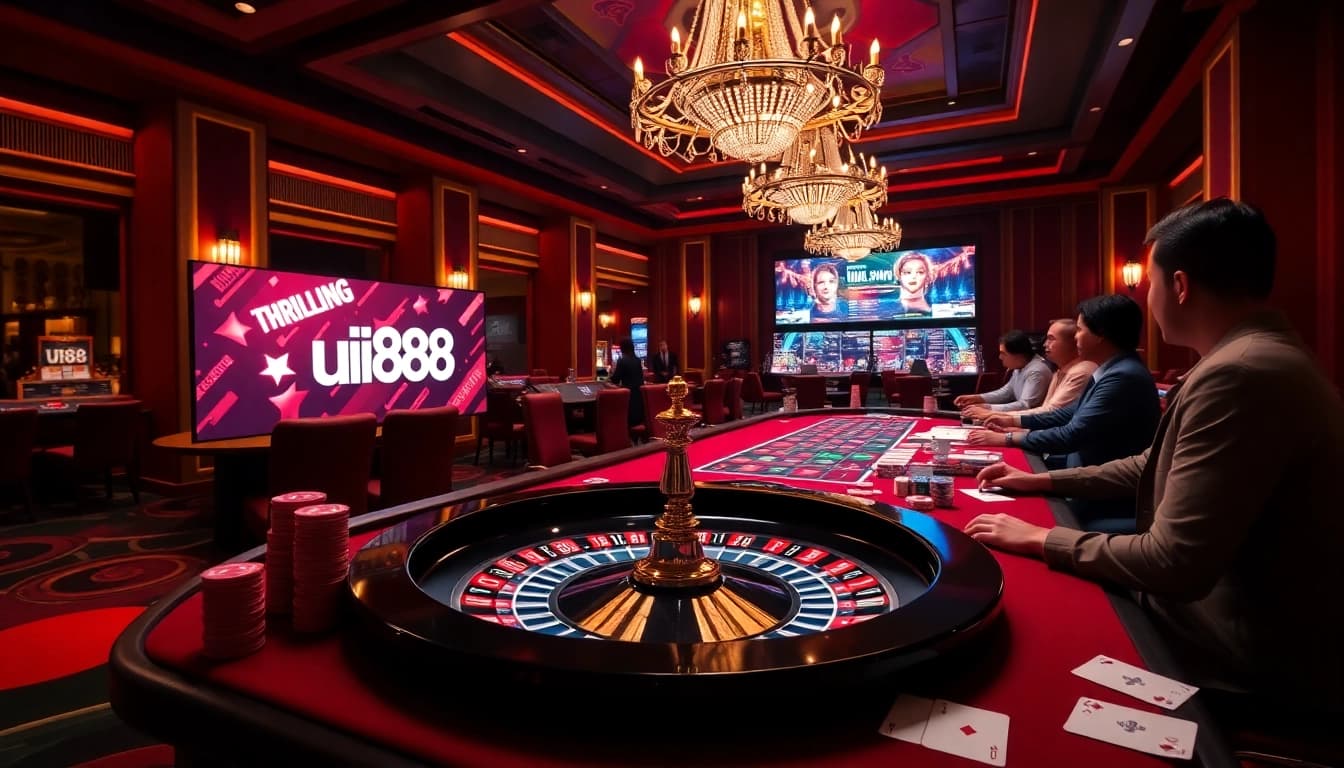 Players enjoying games at the uu88 casino with vibrant poker chips and exciting gambling atmosphere.