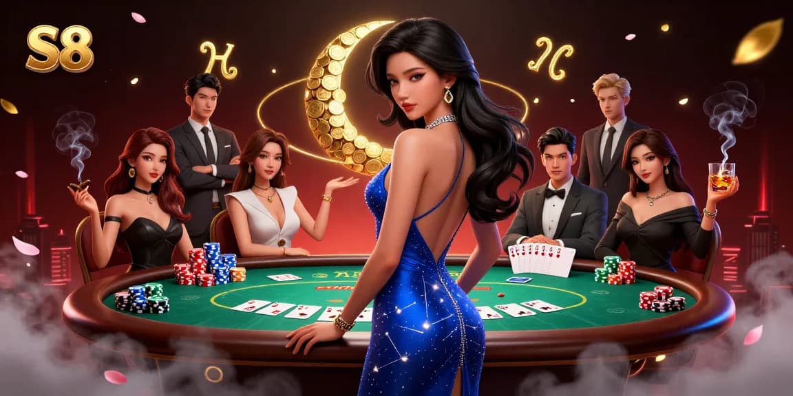 Win big at S8: Engaging casino scene with a stylish Asian woman and poker elements.