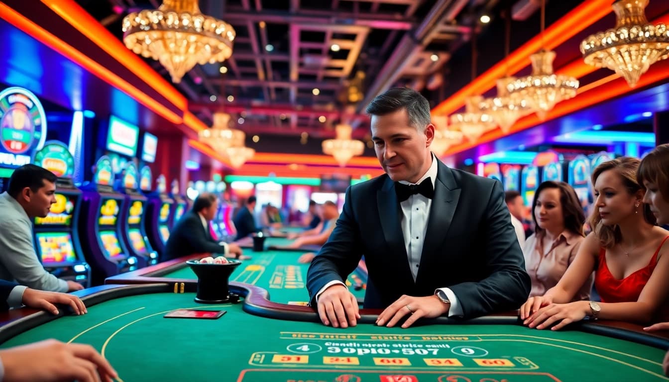 Capture the excitement of AT99娛樂 with a lively casino scene featuring players at a gaming table.