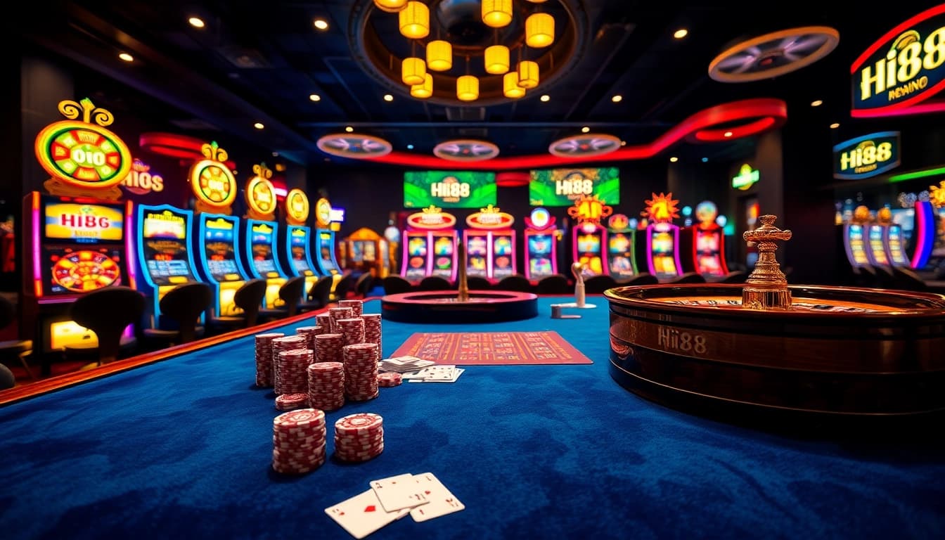 Experience thrilling gameplay at Hi88 with vibrant poker chips and roulette in a luxurious casino setting.