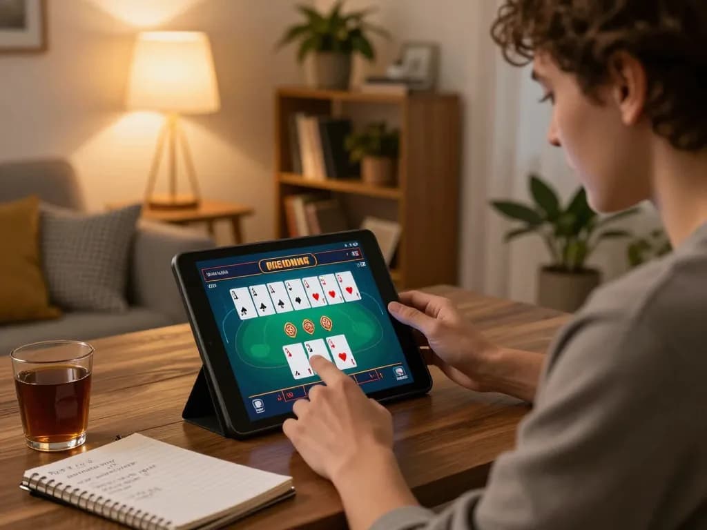 68win player strategizing poker game on tablet in cozy home setting