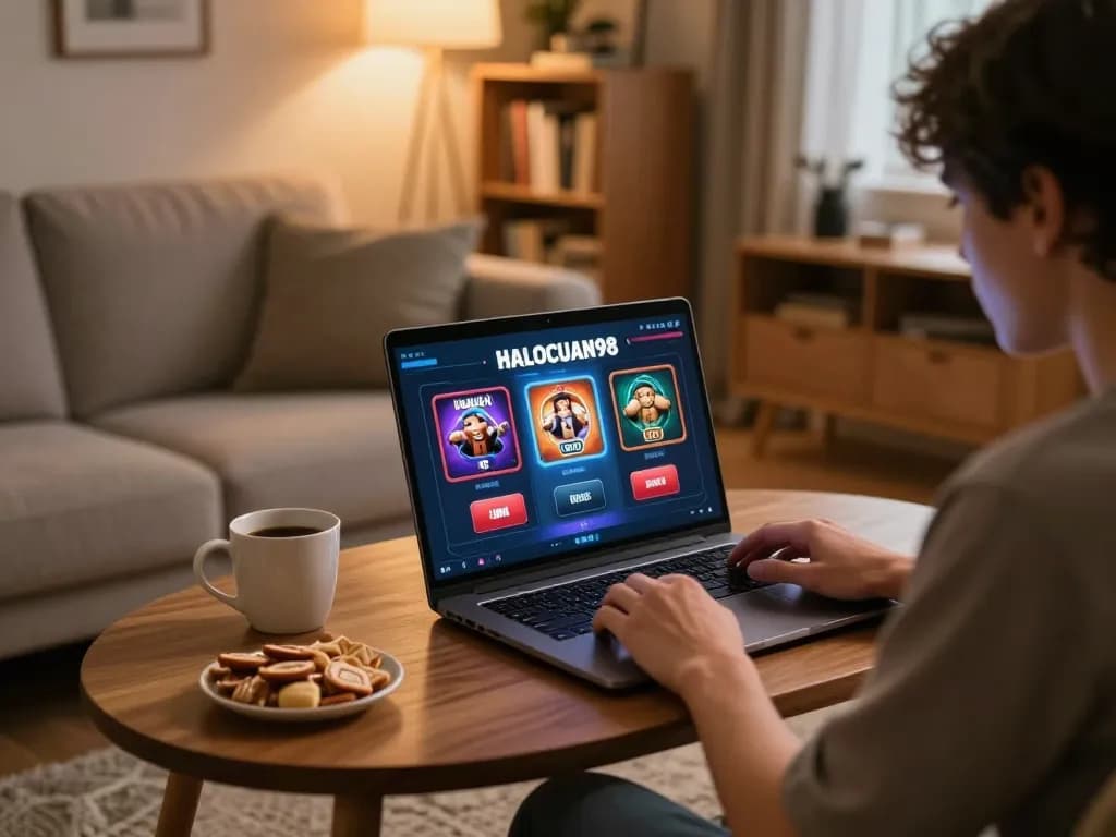 Pemain yang terlibat menjelajahi mesin slot HALOCUAN98 di laptop dengan suasana santai di rumah