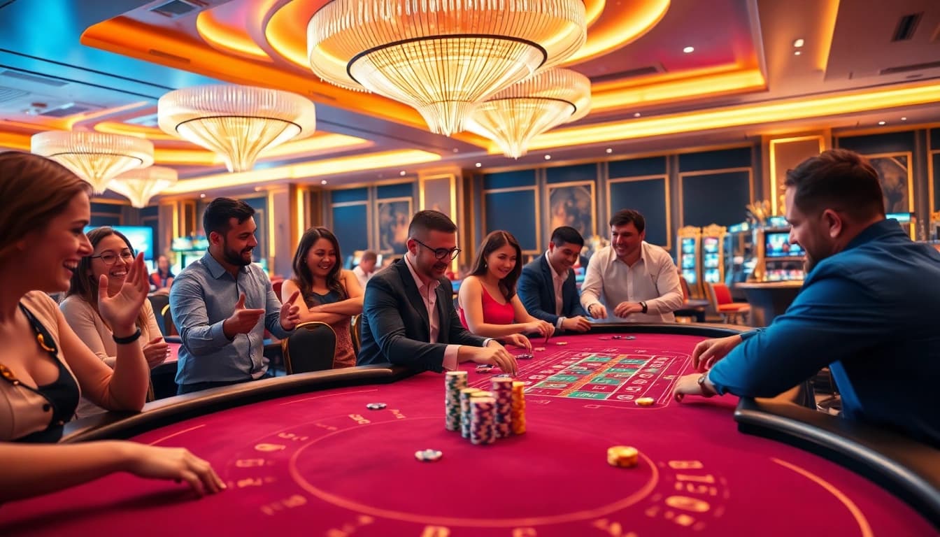 Experience the lively atmosphere of AT99娛樂 with players in action at a luxurious casino table.