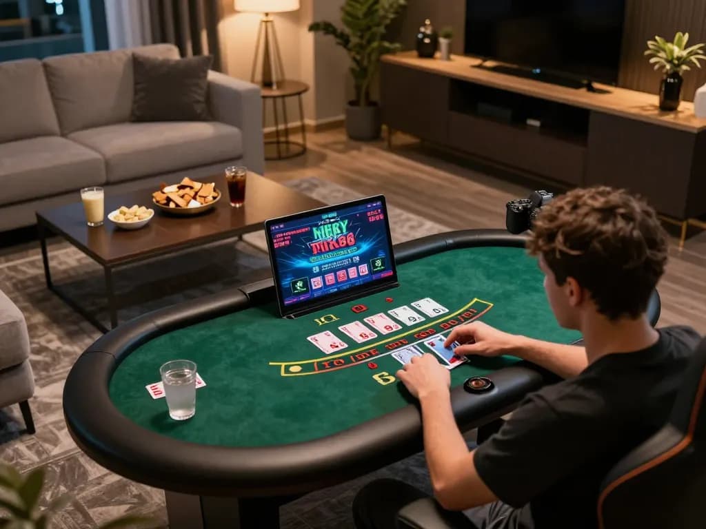 An engaged player at nk88 enjoying live dealer blackjack on a laptop in a modern gaming room.