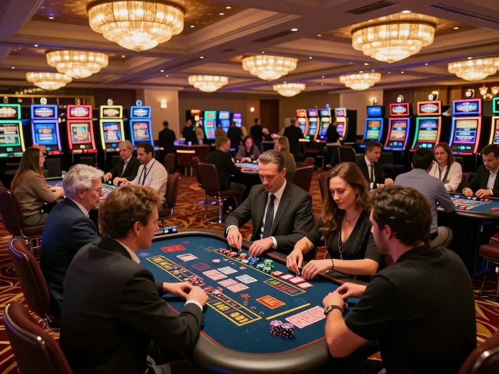 KJC players intensely strategizing bets at a lavish casino gaming table.