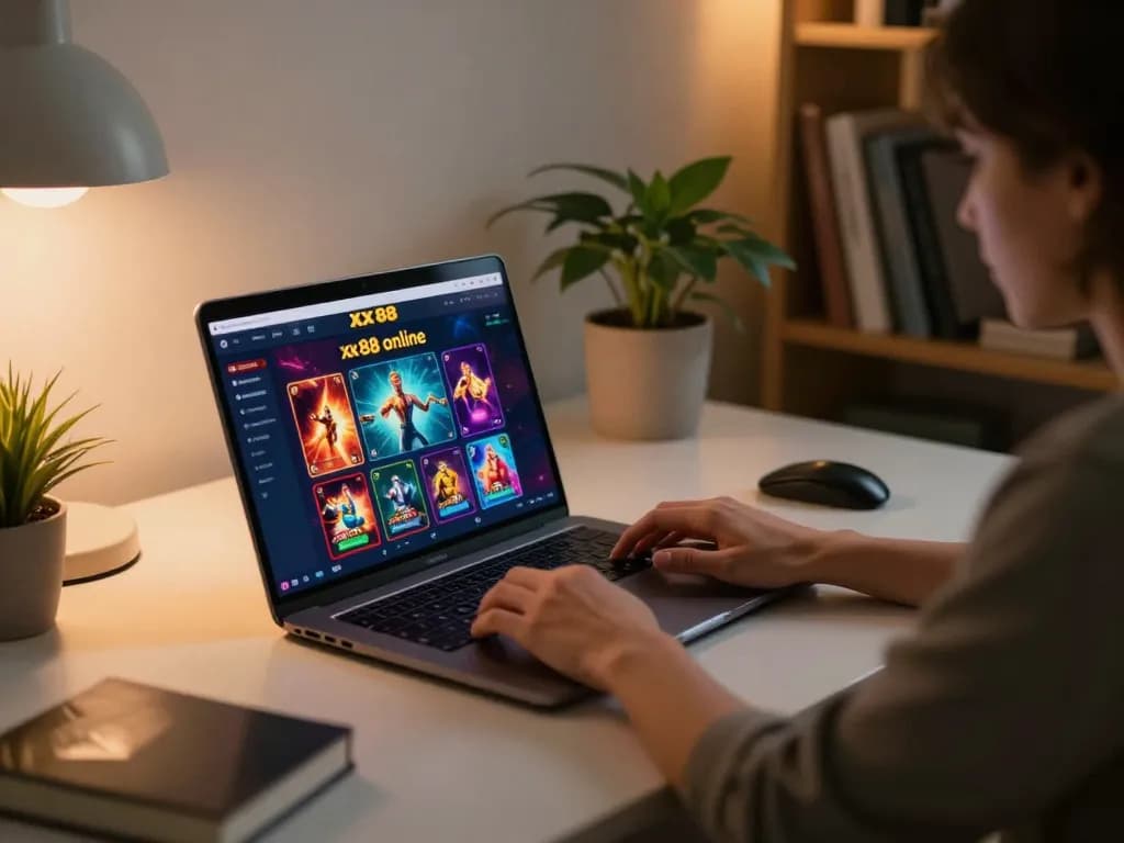 Engaging in online gaming at xx 88 with vibrant graphics displayed on laptop.