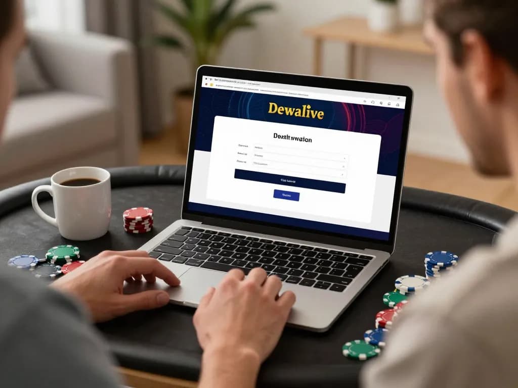 Dewalive Login displayed on a laptop screen as a player engages in online gambling from home.