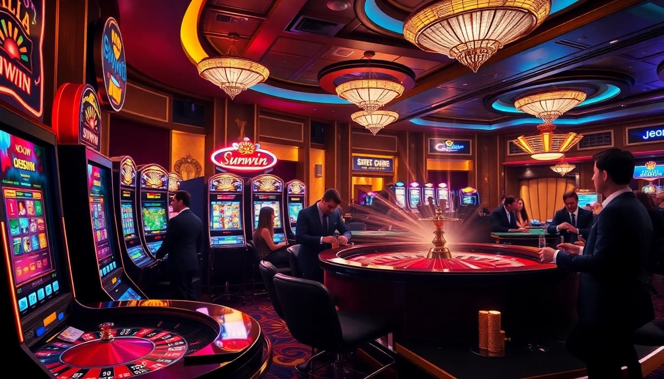 Players enjoying thrilling casino games at Sunwin, featuring vibrant slots and a lively roulette wheel.