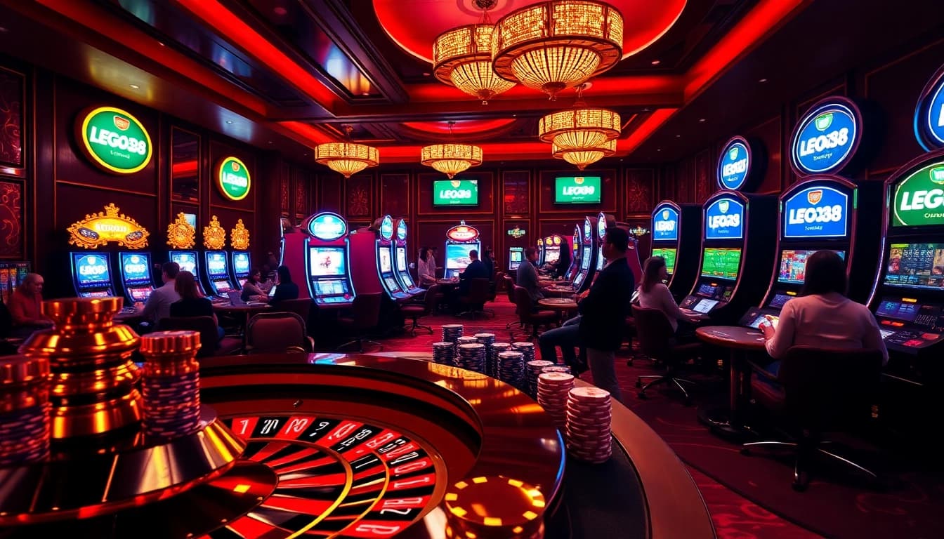 Gamblers enjoy the vibrant LEGO138 experience at a luxury casino featuring roulette wheels and poker tables.
