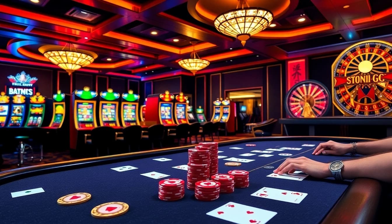 BDTK66 players engage in an exciting poker game at a glamorous casino table with vibrant chips.