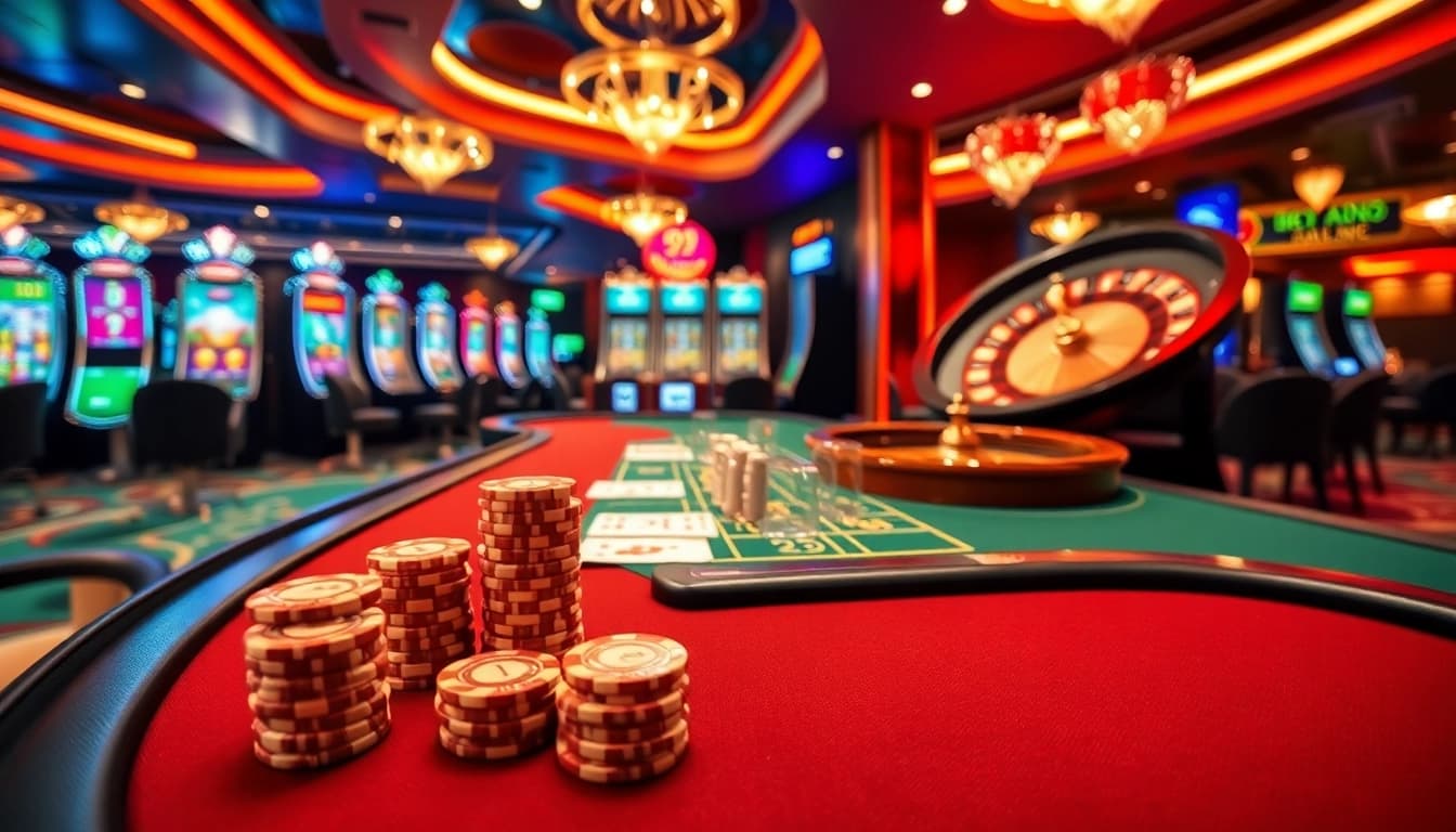 Experience the excitement of 99OK at a luxurious casino with vibrant tables and slot machines.