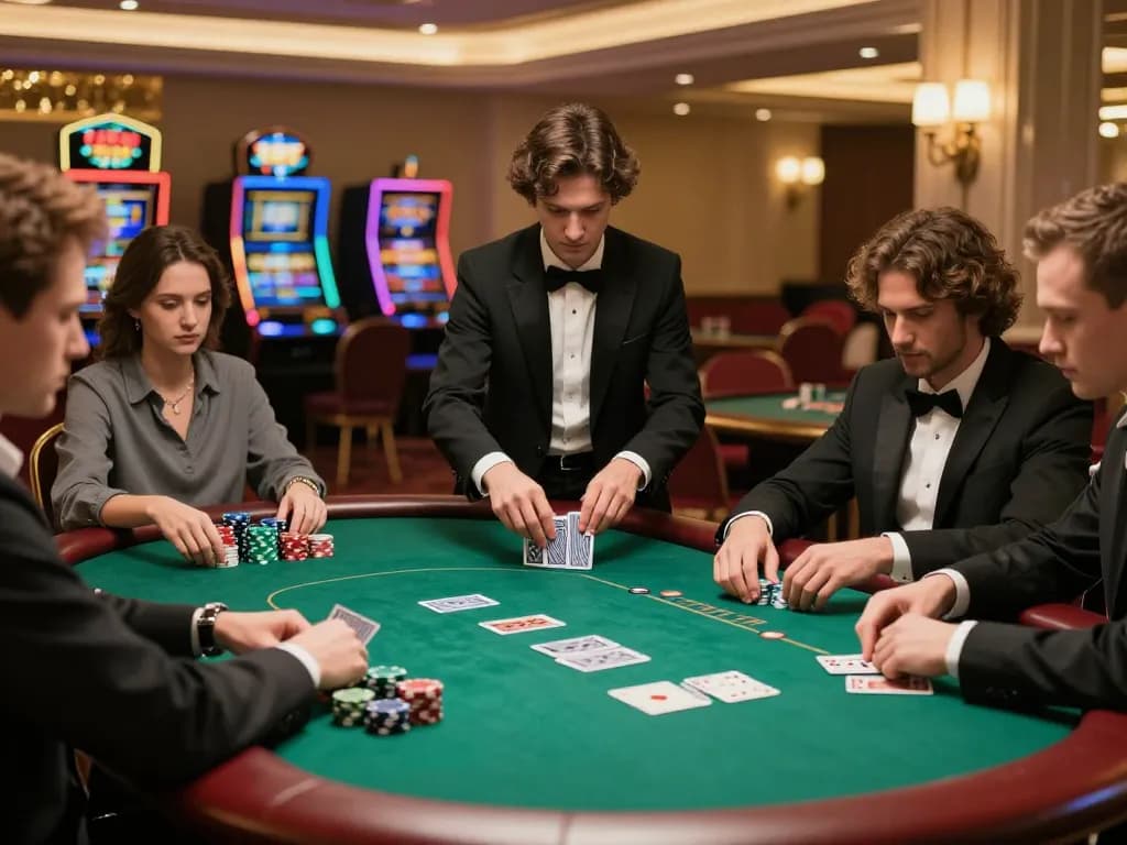 F8BET showcases an intense poker game with players engaged and a dealer shuffling cards, highlighting the thrill of gambling.