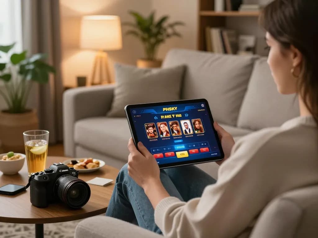 PHSKY user enjoying online gaming with tablet at home, showcasing engaging graphics and cozy setup.