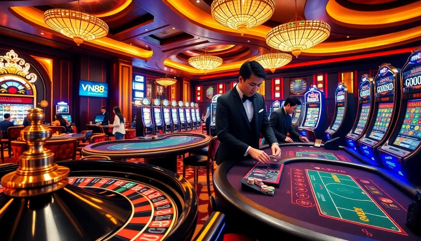Experience the thrill of gambling at VN88, featuring vibrant casino tables and engaging players.