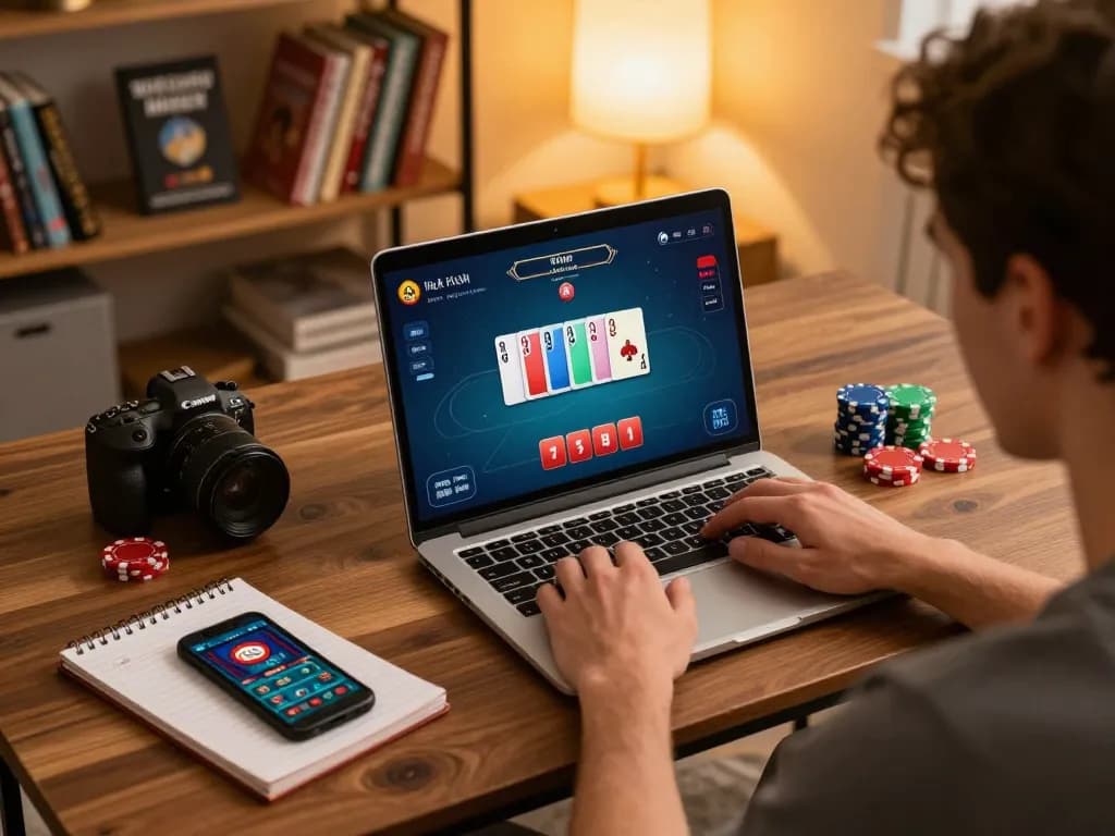 Playing poker online at home with tg88 casino app on laptop, showcasing a cozy gaming atmosphere.