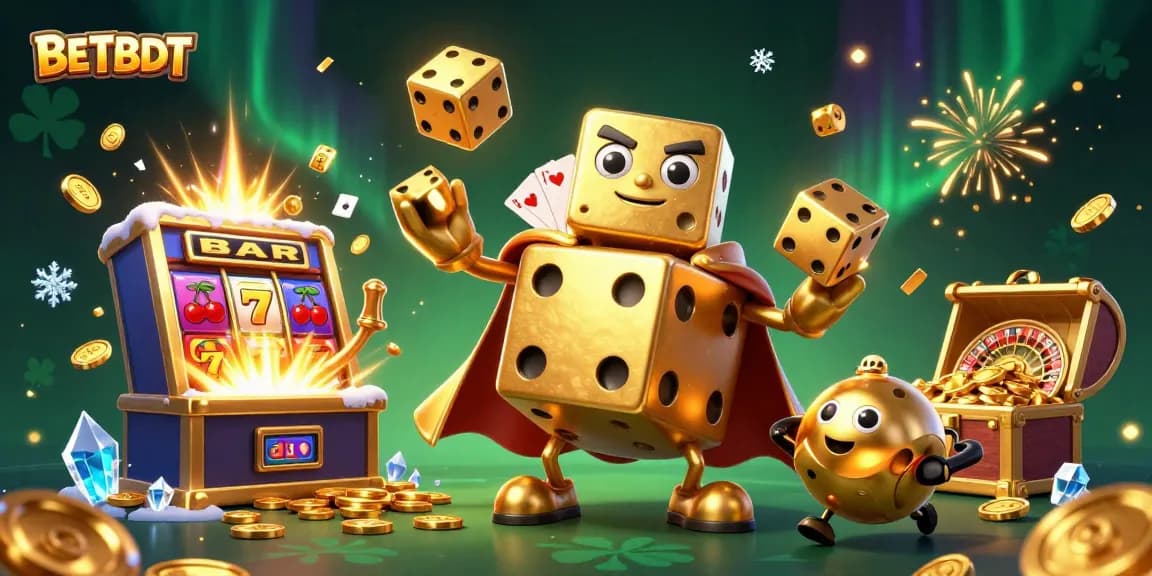 Engage with exciting gameplay at BETBDT, featuring golden dice, slot machines, and thrilling casino elements.