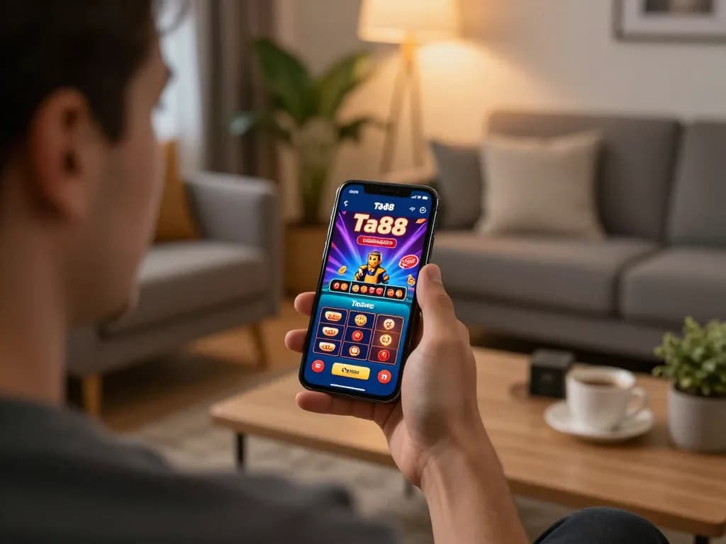 User engaging with the ta88 app for online gambling in a cozy home setting, smartphone interface visible.