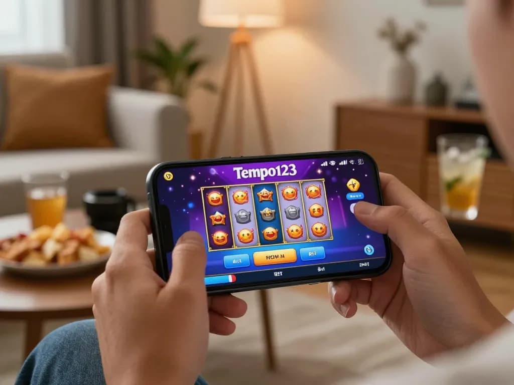 Terlibat dalam aplikasi Tempo123 Slot di smartphone dalam setting rumah yang nyaman, menunjukkan kegembiraan permainan online