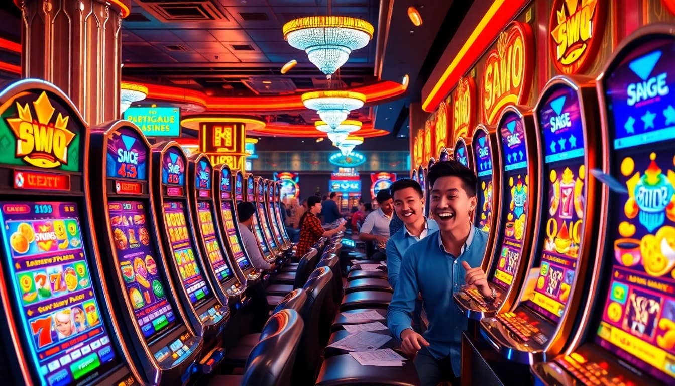 Players enjoying an engaging slot demo experience at a glamorous casino with vibrant lights.