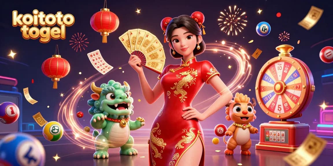 Engage with koitoto togel in a vibrant lottery-themed illustration featuring 3D characters and dynamic elements.
