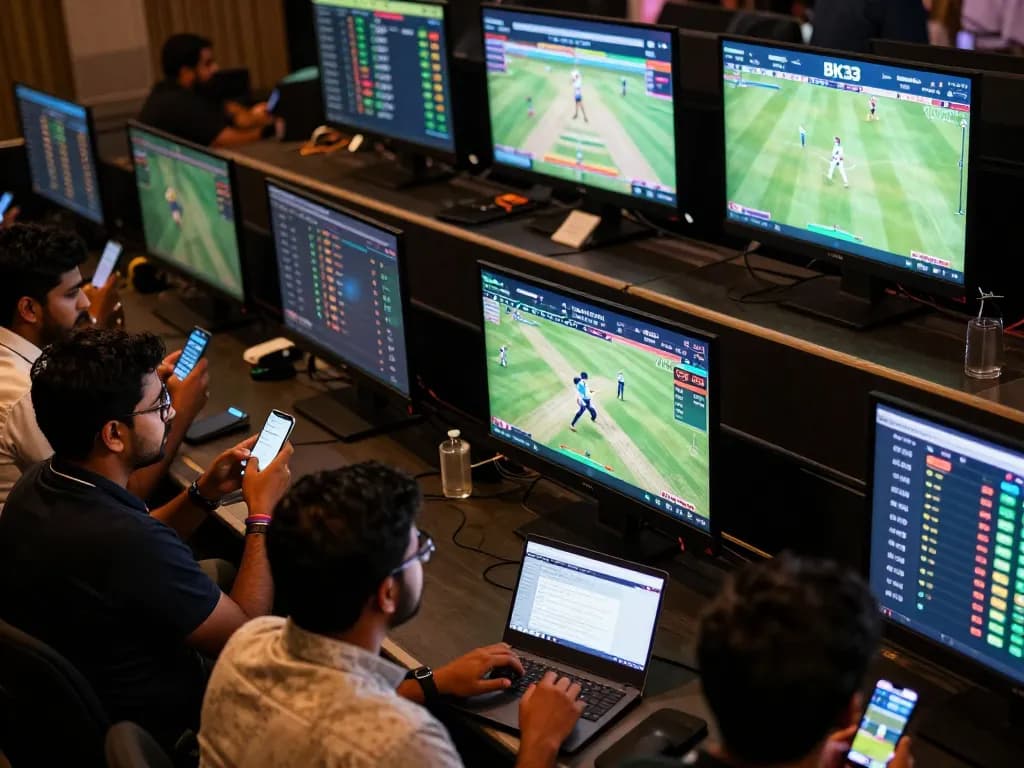 BK33 live cricket betting scene featuring active bettors analyzing games and placing wagers